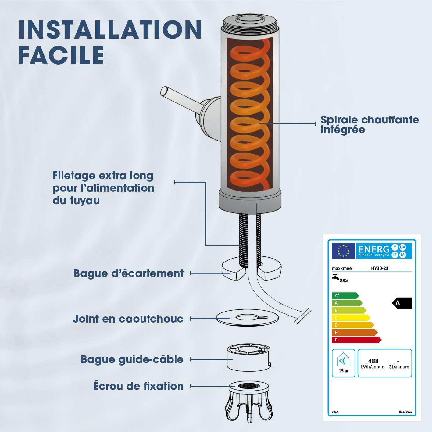 MAXXMEE Robinet électrique en acier inoxydable avec chauffe-eau intégré | Mitigeur avec serpentin chauffant et affichage LED de la température | 2 robinets interchangeables | plus de 60 °C d’eau