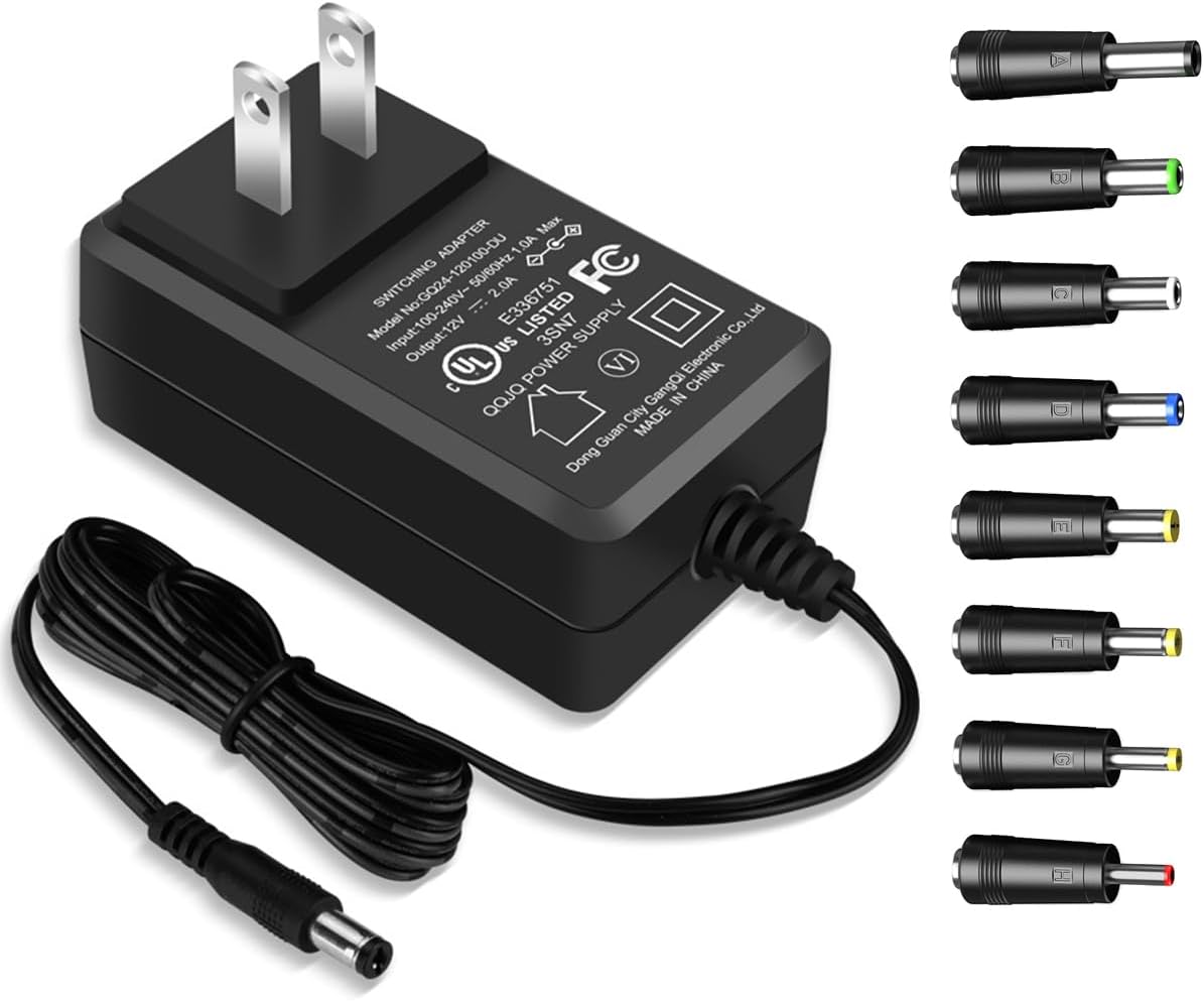 Universal 12V 2A AC Adapter with 8 Tips, UL Listed 12 Volts 2000mAh Power Supply Cord, 12 Volt AC/DC Charger, 12W Replacement Power Supply for Security Camera, LED Strip Light, Webcam, Router.