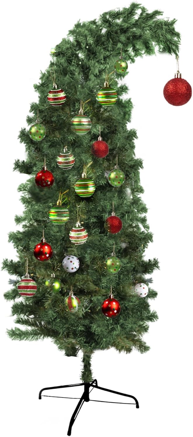 5Ft Artificial Christmas Tree, Whimsical Green Christmas Tree Best Bent Xmas Tree with Stand & Ball Ornaments Xmas Christmas Holiday Decorations Home Office Decor for Indoor Use 4ft 10in