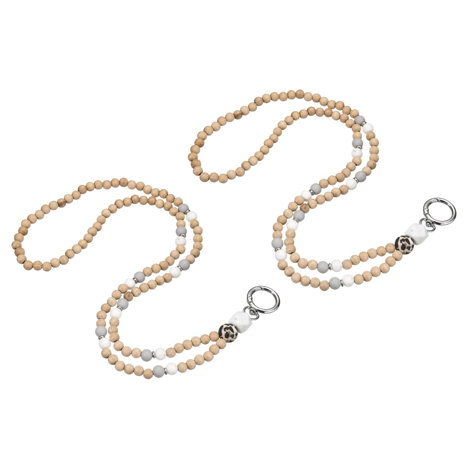 PATIKIL 2Pcs Wood Beaded Lanyard, 510mm Cute Teacher Lanyards for ID Badges Keys Keychain Necklace with Breakaway Buckle for Women Office Work, Grey/White/Leopard