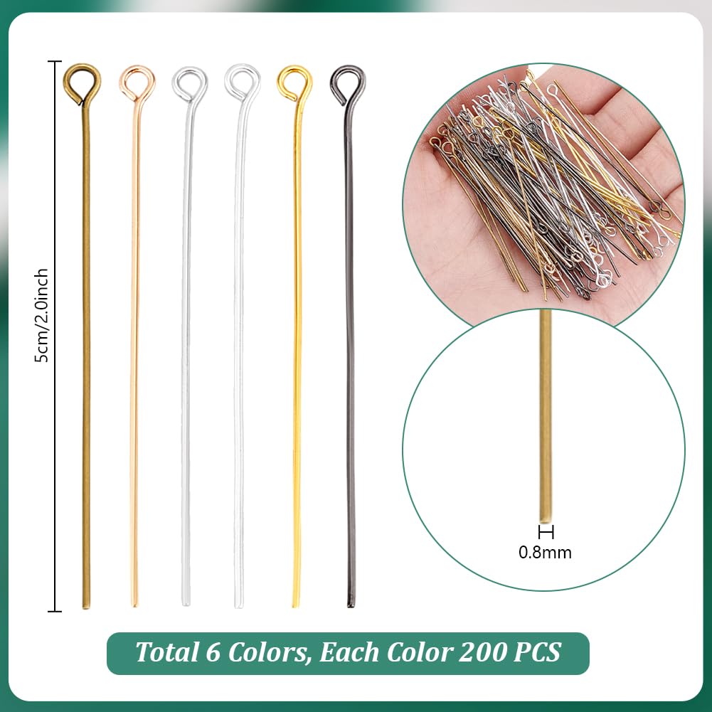 PH PandaHall 1200pcs 50mm Eye Pins 6 Colors 20 Gauge Open Eyepins Jewelry Head Pins Metal Eye Pin for Earring Bracelet Pendant Making Jewelry Findings for Charms Beads DIY Crafts