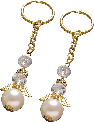 Llavero de diseño de ángel (12 piezas) Llavero de cristal de perla para bautizo, regalo de fiesta, bautizo, cadena de oro, Oro