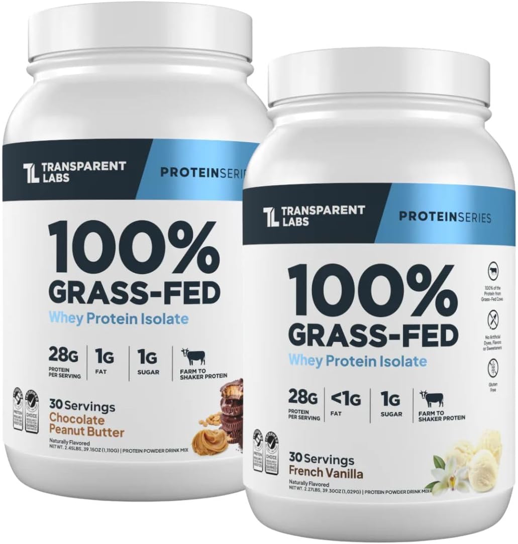Transparent Labs Grass-Fed Whey Protein Isolate (30 Servings, Chocolate Peanut Butter) & Grass-Fed Whey Protein Isolate (30 Servings, French Vanilla)