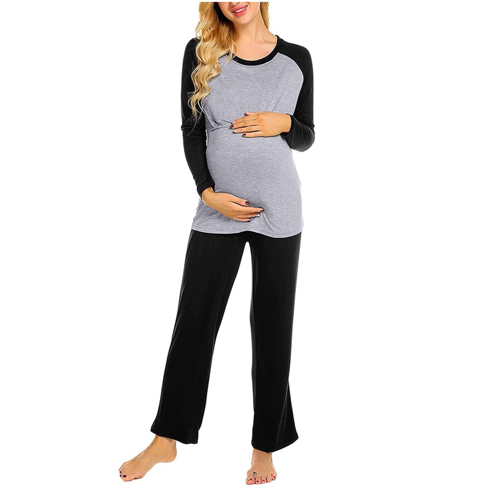 Still Pyjama Damen Schlafanzug Lang Schwangerschaft Langarm Thermo Umstandsschlafanzug Set Baumwolle Winter Umstandspyjama Stillpyjama Umstandsmode Schlafanzüge Stillfunktion Nachtwäsche für Stillzeit