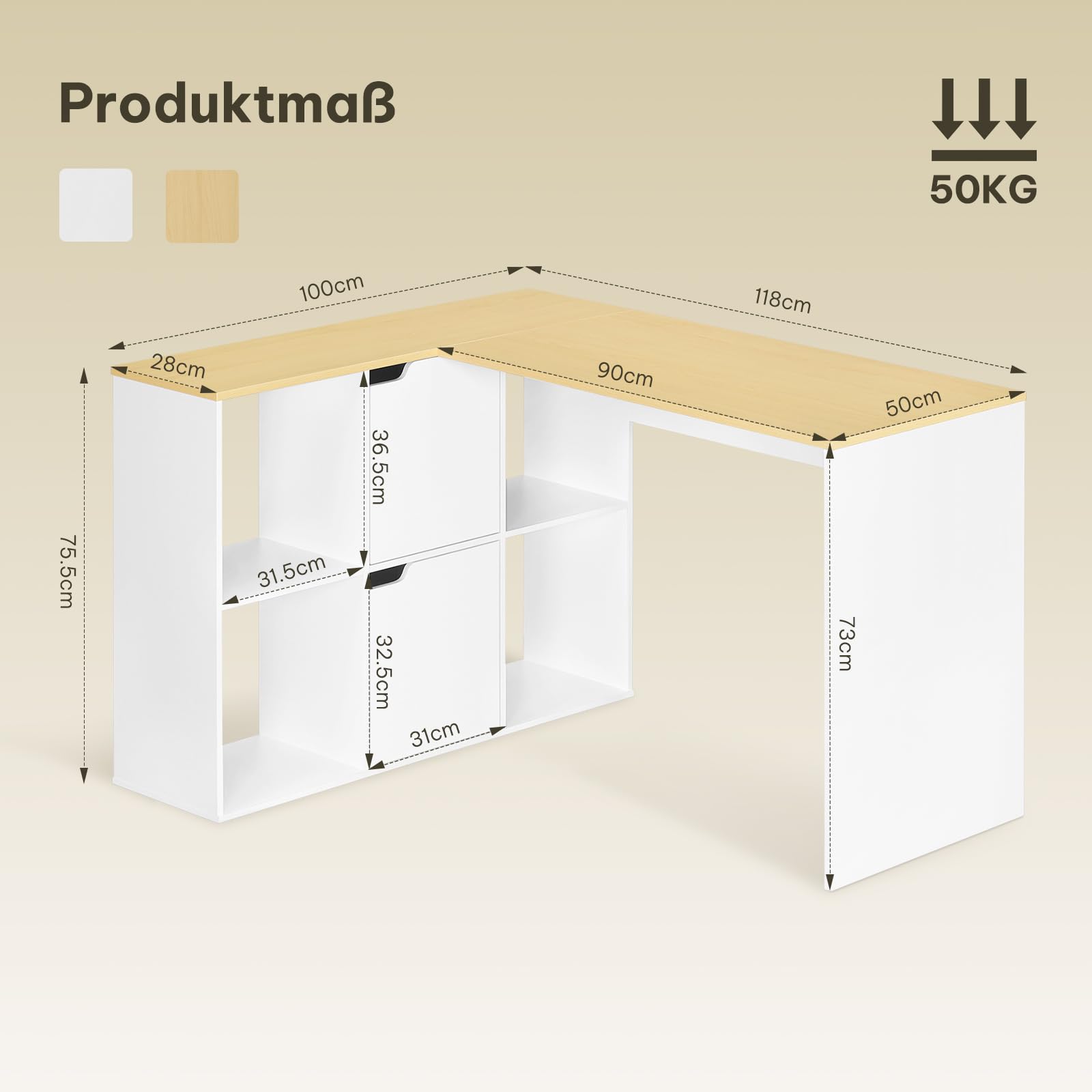 eSituro Schreibtisch L Form, Eckschreibtisch 120cm mit Regal, Computertisch mit Stauraum, Bürotisch, Tisch mit Bücherregal, für Büro Arbeitszimmer Homeoffice, Weiß + Eiche, 118x100x75 cm | Offene Fächer und Stauraum, Schranktüren, für Homeoffice Schlafzim