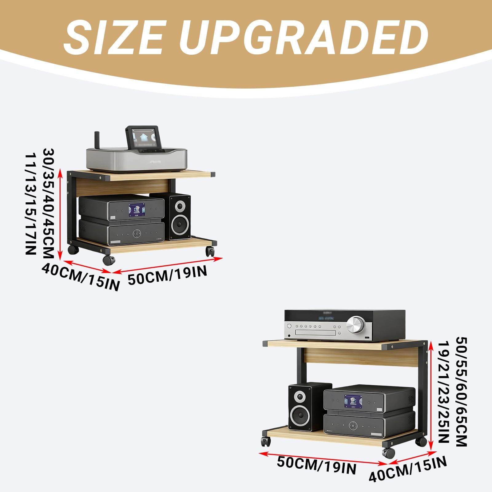 Mobile multimediale video a 2 livelli, con rotelle, rack audio AV, scaffale moderno per TV, piccolo ripiano mobile, adatto per bar di casa, KTV (nero, 50 x 40 x 30 cm)