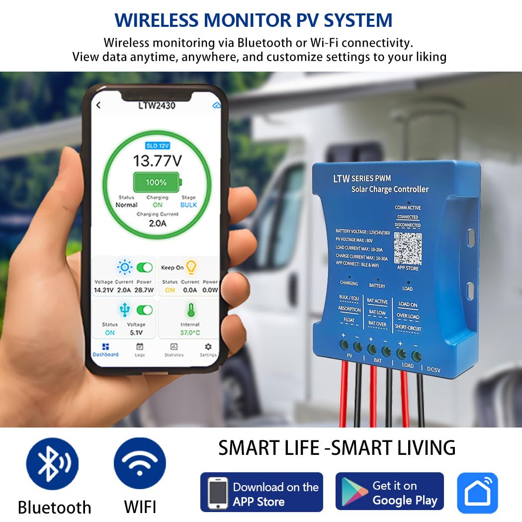Y&H Controlador de carga solar de 30 A, 12 V/24 V/36 V PV máximo 80 V WIFI Bluetooth Comunicación Solar Regulador inteligente para baterías de plomo ácido, LiFePO4