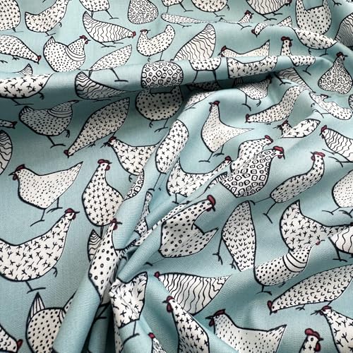 Oddies Tissu en popeline de coton avec motif imprimé poules - Fond bleu canard - 112 cm - Tissu 100 % coton - 130 g/m² - Vendu au mètre (bleu canard)