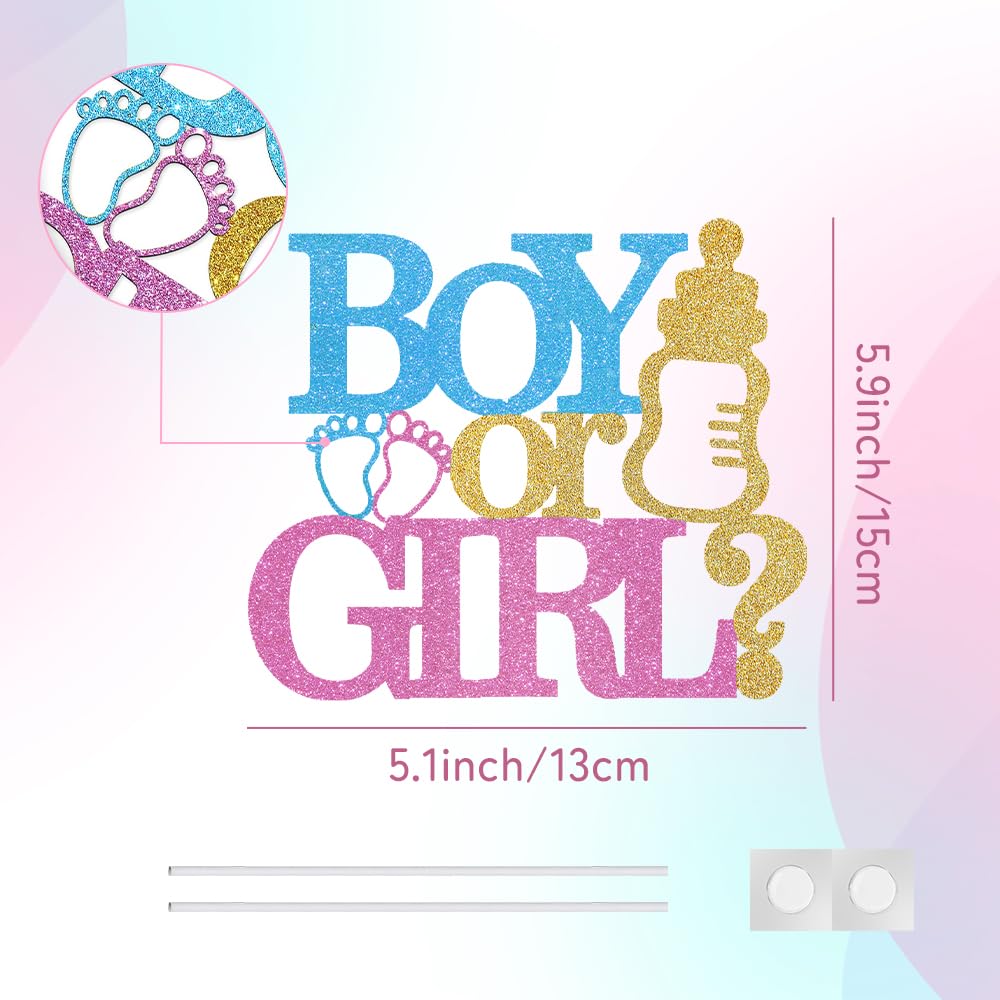 HSC Gender Reveal Cake Toppers, Baby Shower Decorations, Boy or Girl Glitter Cake Topper with Blue Pink Gold - Image 2