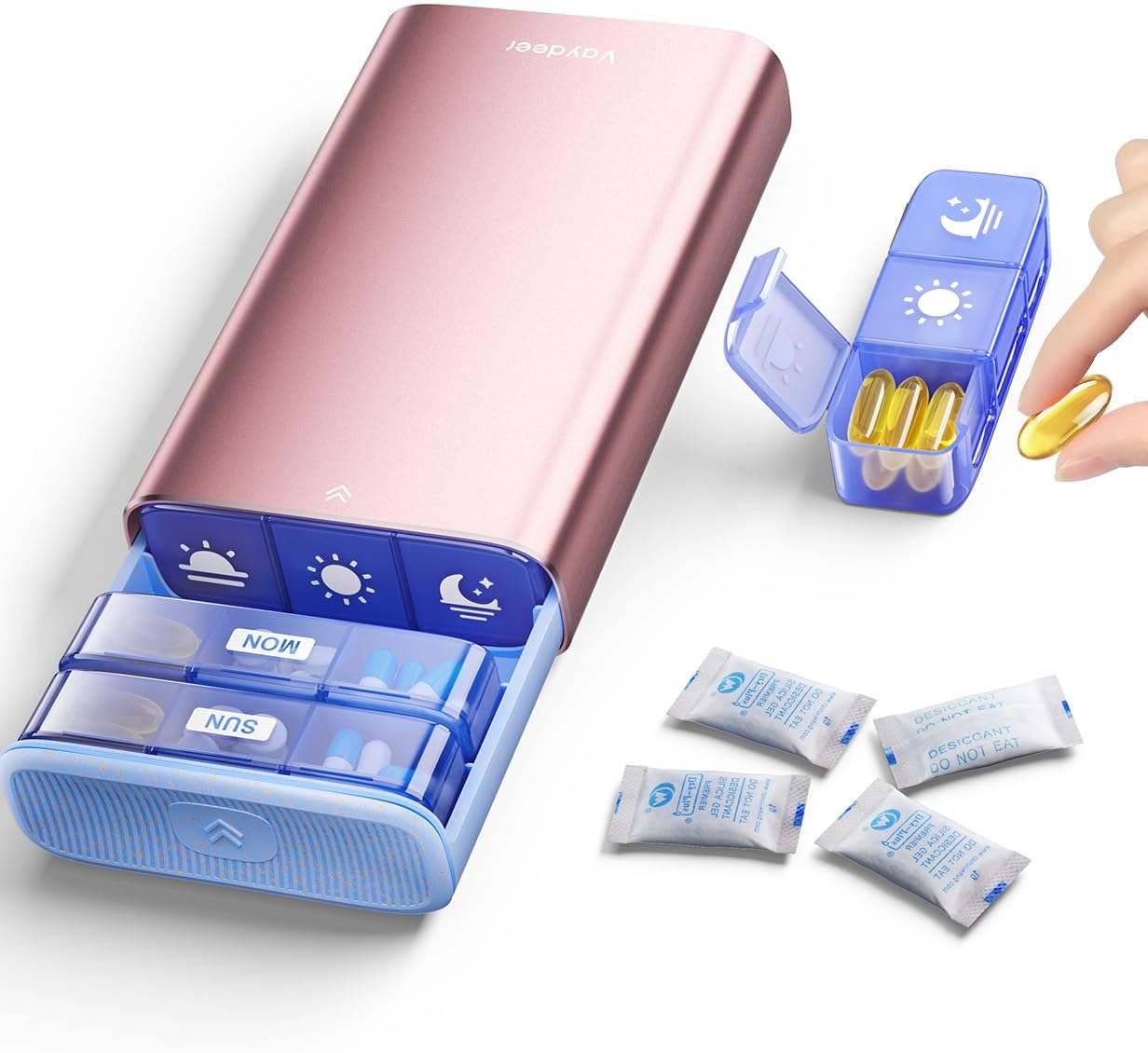 Vaydeer Metal Pill Organizer 3 Times a Day, Weekly Pill Box with Built-in Desiccant Compartment, Airtight 7 Day Travel Pill Case for Medication, Vitamins & Supplements (Rose Gold)
