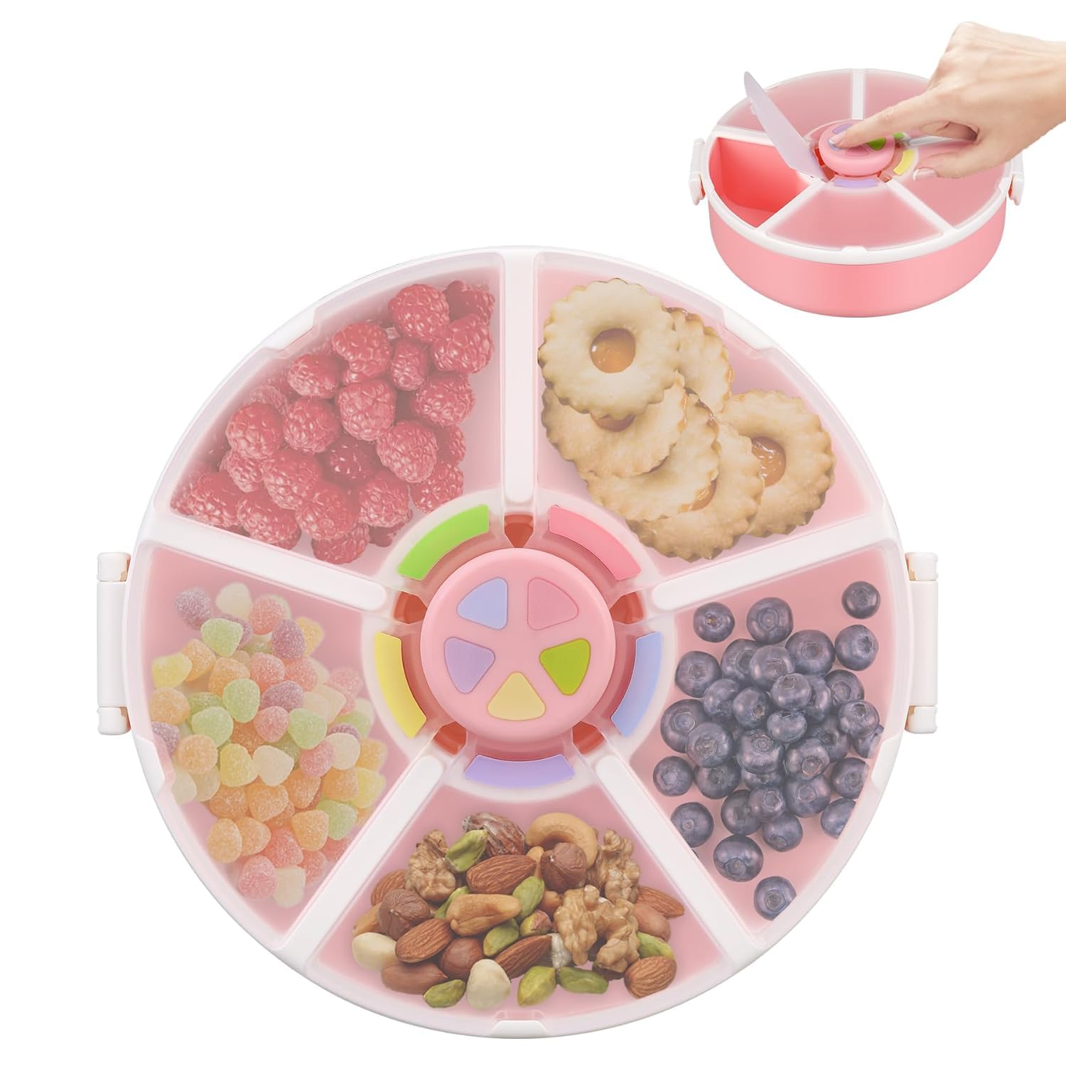 Pawtong Snack Rotator Container Reusable Snack Box with 5 Compartment Dispenser and Lid, Color Matching Opening Lid, BPA and PVC Free, for Home,