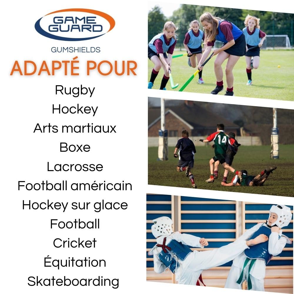 GAME GUARD - Protège-dents pour la boxe, le rugby, le hockey, le karaté, le taekwondo/protège dent pour enfant, junior de 8, 9, 10, 11, 12 ans. Approuvé CE - Protège leurs dents et leurs