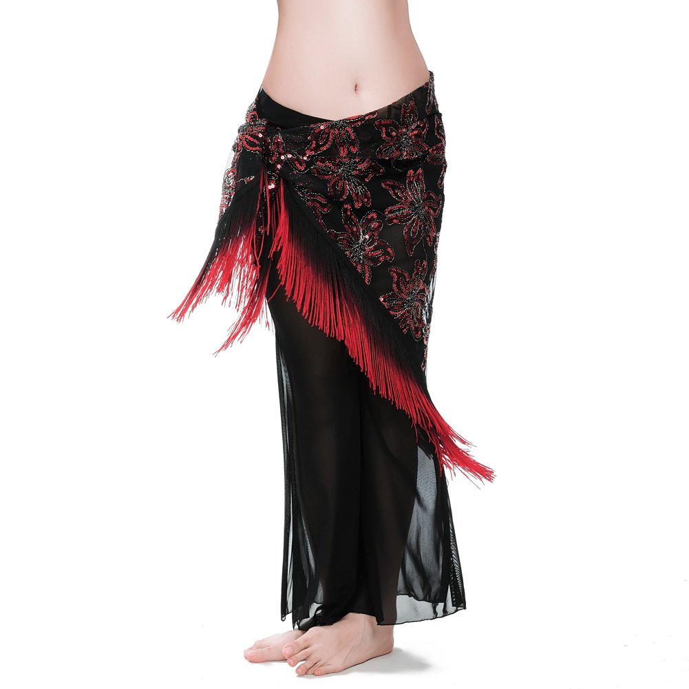 Royal Smeela Women's Red Sexy Belly Dance Clothing Belly Dance Hip Scarf Belly Dance Costume Wrap Skirt Dual Color Tassel Sequins Embroidery Bellydance Hips Scarves Belly Dancing Outfit