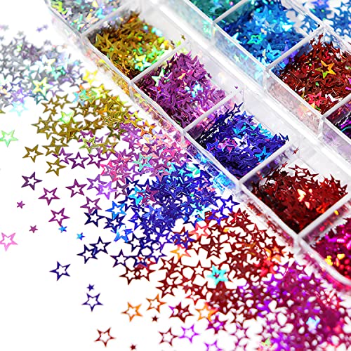 12 Colors Star Nail Art Glitter Sequins, 3D Five-Pointed Star Nail Flakes Designs, Holographic Laser Hollow Star Nail Art Supplies For Women Girls Manicure Sparkle Decorations, Diy Body Makeup Crafts #TOP3