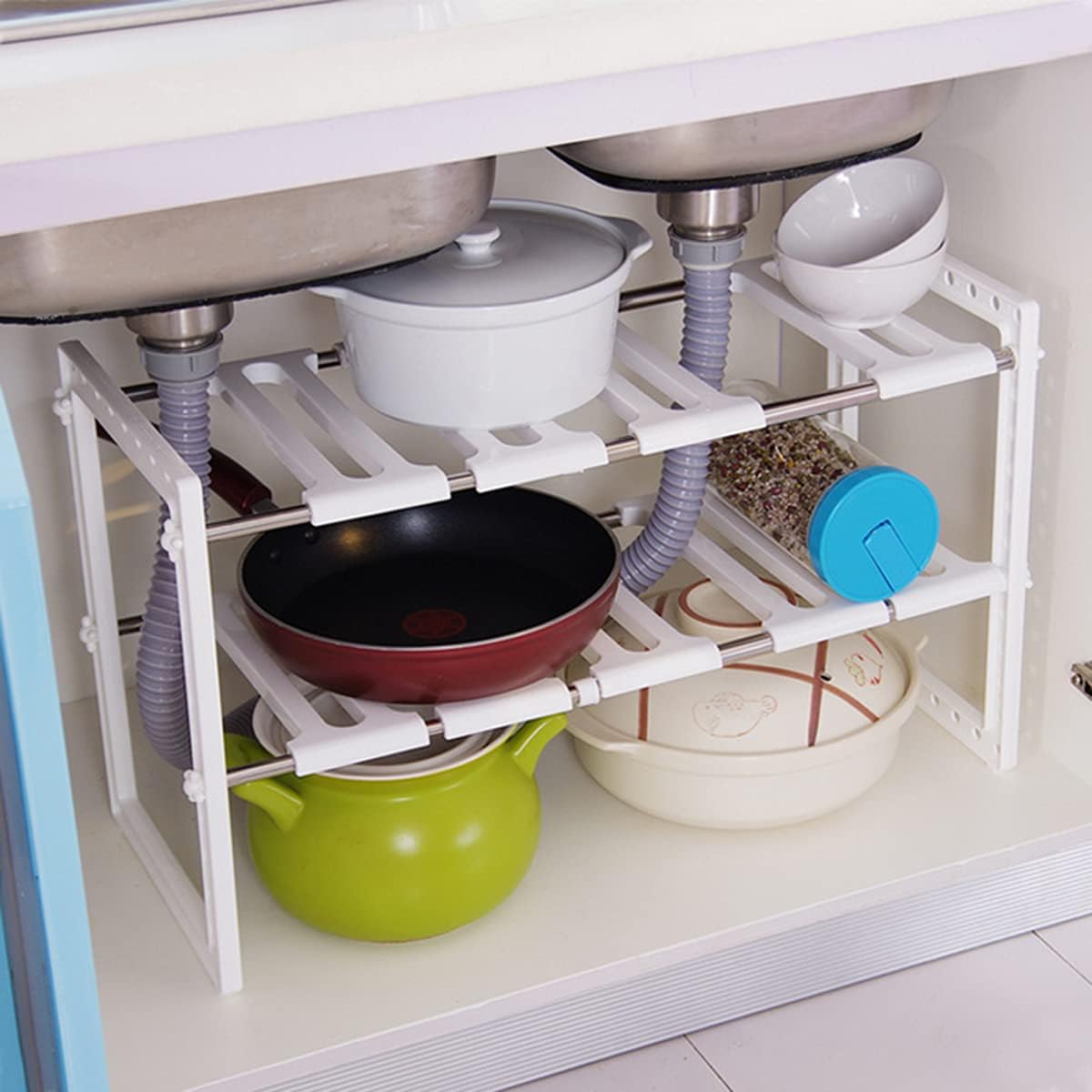 Yancorp 2-Tier Under Sink Shelf Expandable Organizer Rack Under Sink Organizers and Storage Adjustable Shelf Organizer Rack for Kitchen Bathroom（White)
