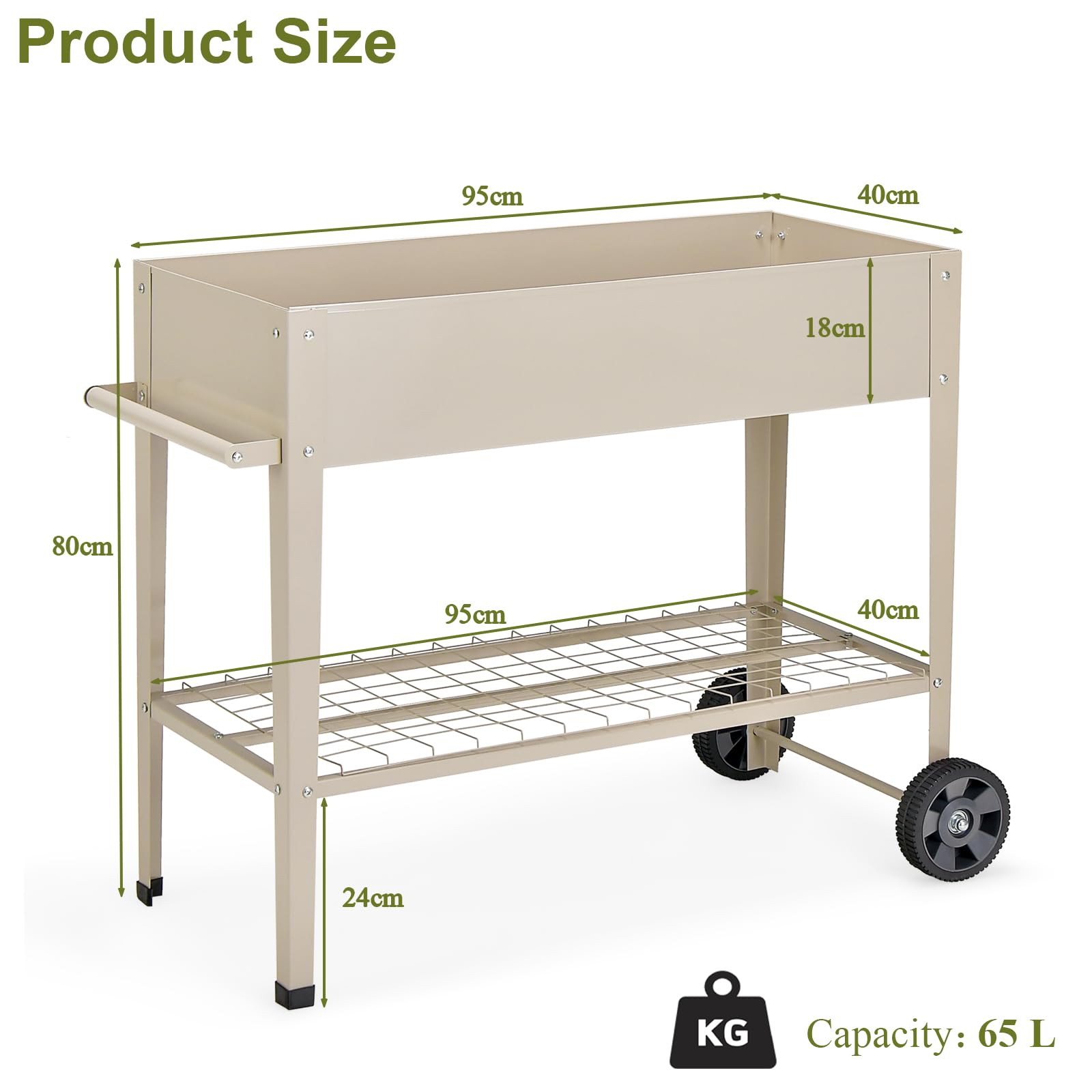 HOMASIS Cama Elevada para Jardín con 2 Ruedas, Maceta Grande Elevada de Metal con 2 Ganchos, Maceta Móvil para Verduras, Flores, Hierbas, Patio, 95 x 40 x 80 cm (Beige)