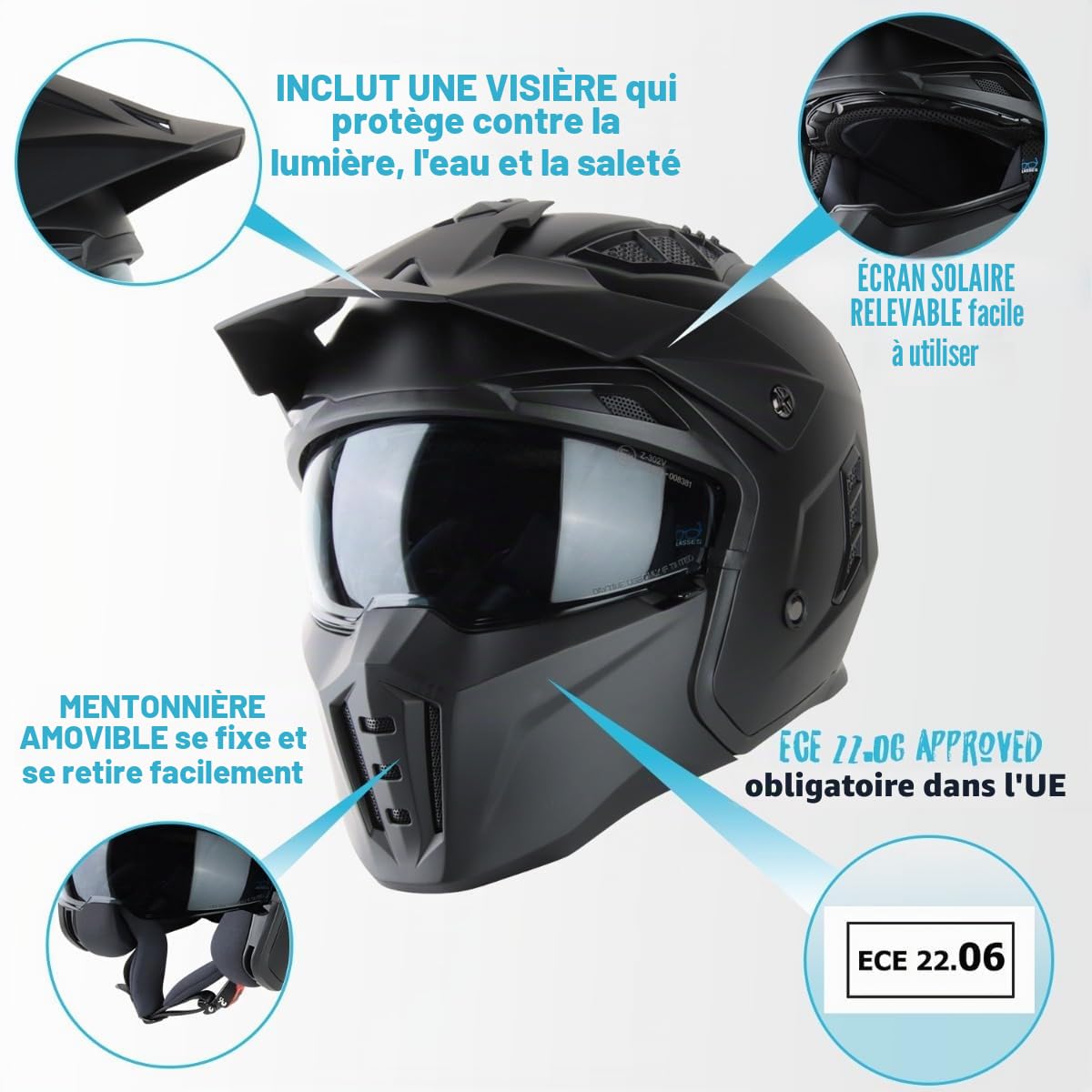 VINZ Kioto Casque Jet / Casque Streetfighter | Homologué ECE 22.06 | Casque de Scooter avec visière Solaire / Pare-Soleil | Casque Jet avec mentonnière Amovible