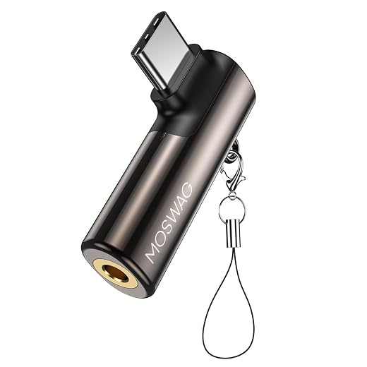 MOSWAG USB C to 3.5mm Jack Type C Aux Headphone Adapter Right Angled Dongle | DAC Stereo Mic HiFi, Zinc Alloy, Compatible with iPhone 17 16 15 Pro Max/Plus, iPad Pro, Galaxy S26 Ultra Pixel 9