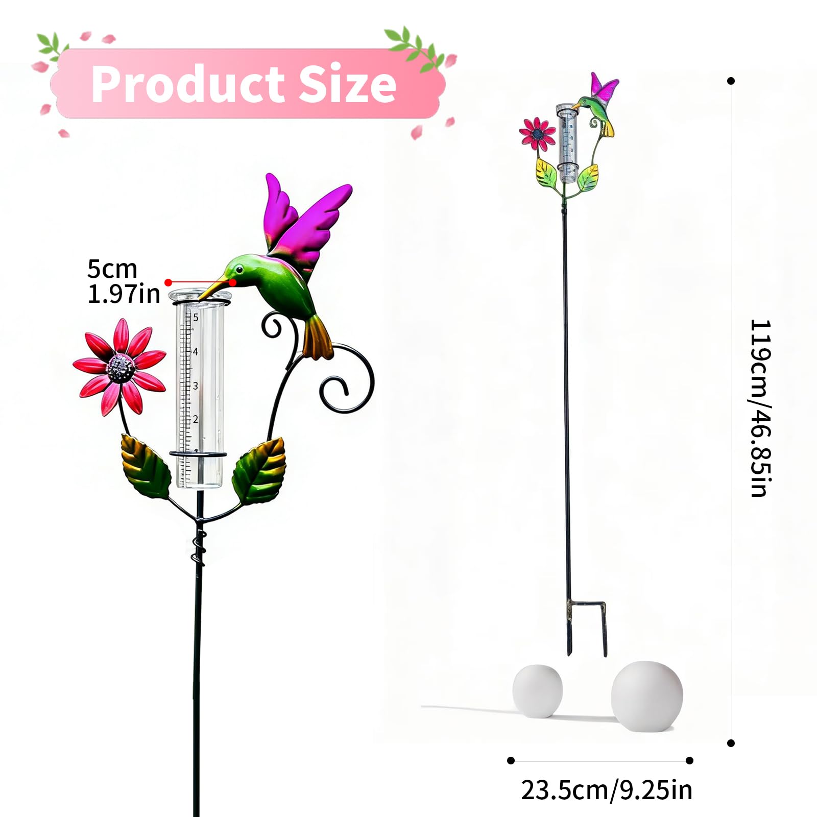 Regenmesser Garten: Niederschlagsmesser, 23.5x5x119cm, Farbiger, Metallrahmen, Frostsicher, Mit Erdspieß, Für Rasen, Blumenbeete, Terrasse, Balkon, Geschenk Für Gartenliebhaber