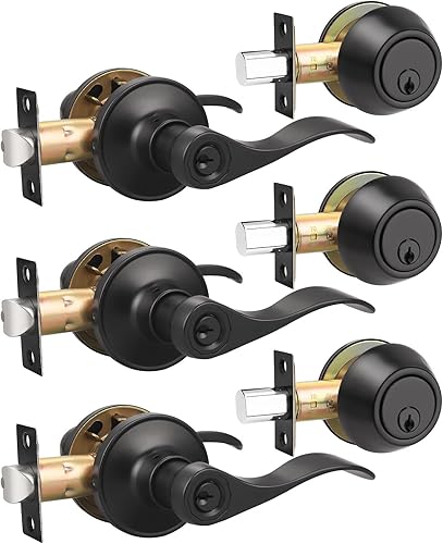 Juego de 3 cerraduras de palanca de puerta exterior con cerrojo de un solo cilindro, manija de puerta negra con cerradura de cerrojo con llave