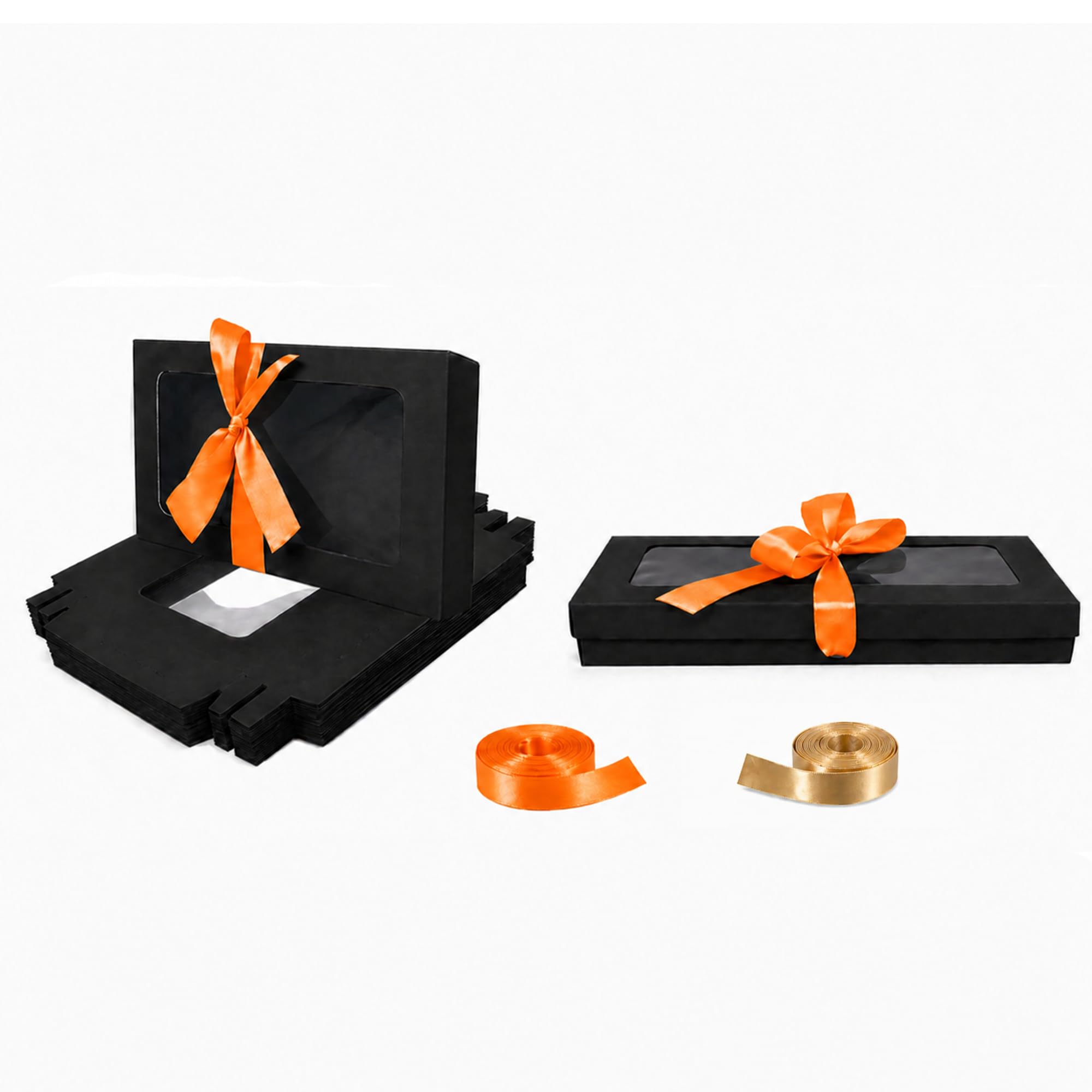 Emartbuy Pack of 12 Black Gift Boxes with Clear Window Lid & Peach Satin Ribbon - Small Slim 21 x 12.5 x 2.5 cm - Recyclable Kraft Presentation Box for Hampers, Treats, Weddings & Favours — image 1