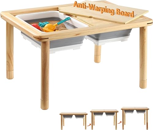 FUNLIO Mesa sensorial de madera con 2 contenedores para niños pequeños de 1 a 5 años, mesa sensorial para niños de 3 niveles de altura ajustable con