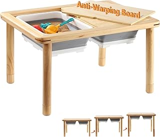 FUNLIO Wooden Sensory Table for Toddlers 1-5, Height-Adjustable with Anti-Warping Plywood Lid, Indoor/Outdoor Play Sand and Water Table, CPC Certified