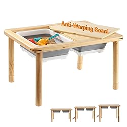 FUNLIO Wooden Sensory Table for Toddlers 1-5, Height-Adjustable with Anti-Warping Plywood Lid, Indoor/Outdoor Play Sand and Water Table, CPC Certified