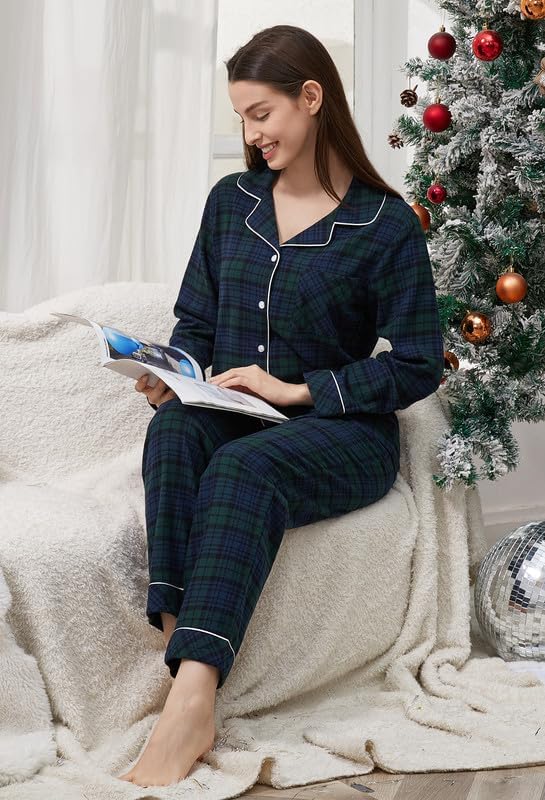 HEARTNICE Cotton Pajama Set for Women Soft Plaid Long Sleeve Flannel Pajamas Set Button Down Woven 2 Piece Lounge Set - Image 3
