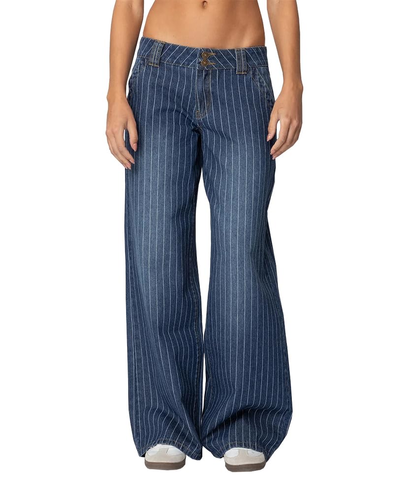 Jeans a Gamba Larga gessati a Vita Bassa da Donna Pantaloni in Denim Larghi Vintage alla Moda