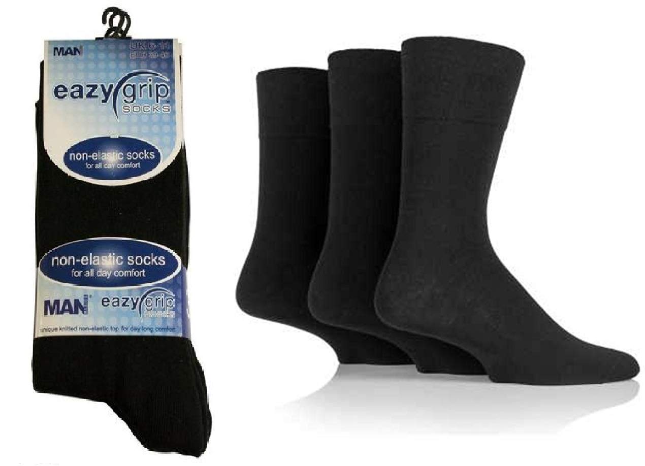 Eazy Grip Men's Black 6 Pairs Eazygrip Diabetic Cotton Rich Gentle Grip Honey Comb Top Non-Elastic Socks Size 6-11