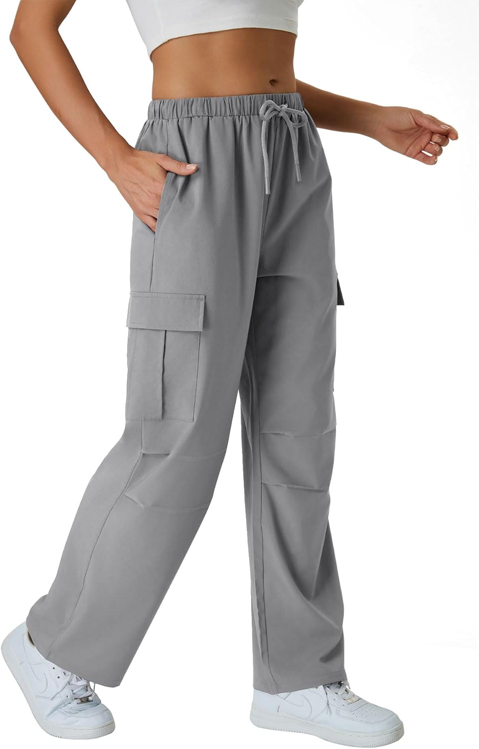 keriffe Women's Cargo Pants Quick Dry Lightweight Water-Resistant Hiking Pants Elastic High Waisted Drawstring 4 Pockets