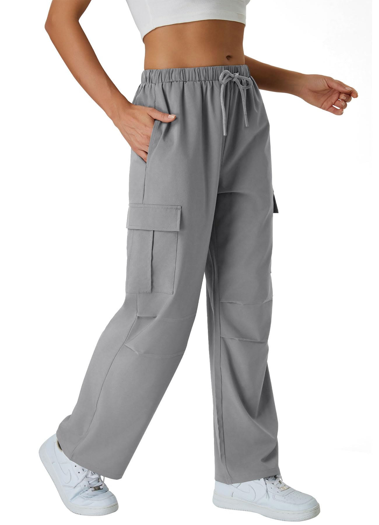 keriffe Women's Cargo Pants Quick Dry Lightweight Water-Resistant Hiking Pants Elastic High Waisted Drawstring 4 Pockets