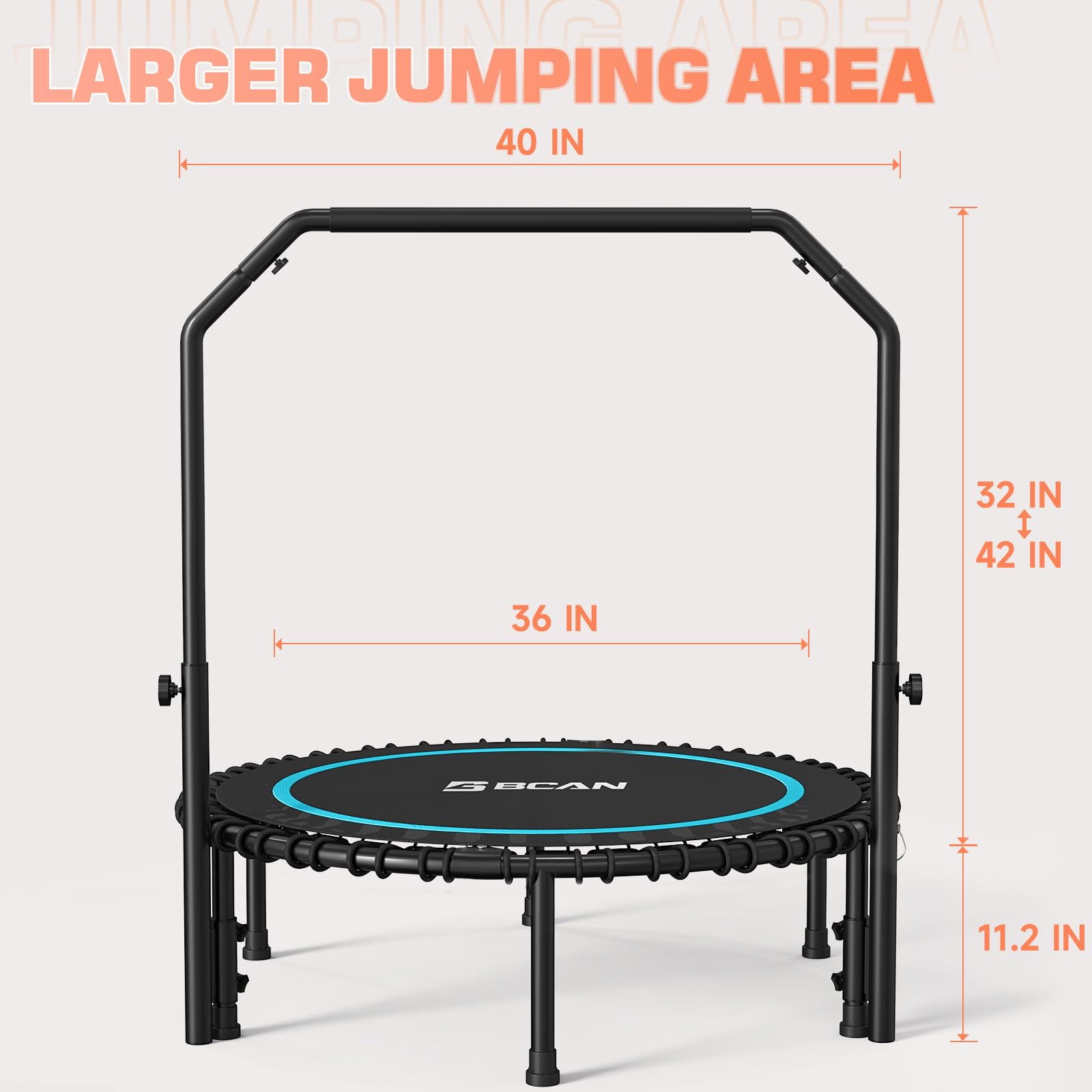 BCAN 450/550 LBS Foldable Mini Trampoline, 40"/48" Fitness Trampoline with Bungees, U Shape Adjustable Foam Handle, Stable & Quiet Exercise Rebounder for Adults Indoor/Outdoor Workout: 40IN 40-BLUE