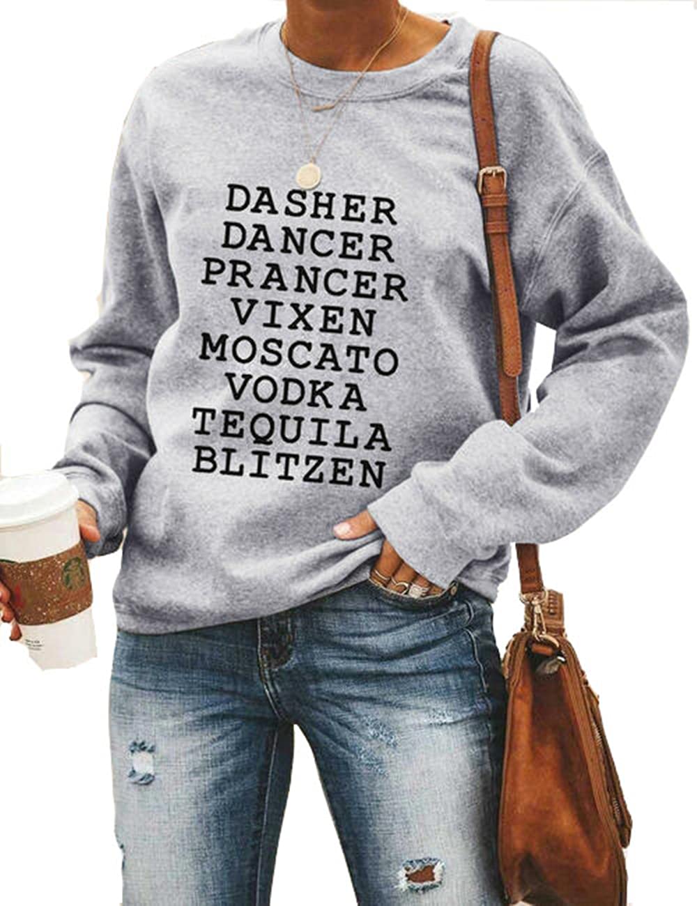 essential cocoon Womens Reindeer Alcohol Christmas Sweatshirt Dasher Dancer Prancer Vixen Moscato Vodka Blitzen Xmas Pullover