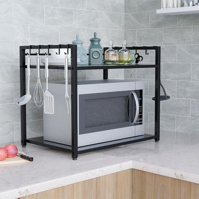The Earth Store Microwave OTG Stand Metal for Counter, 2-Tiered Shelf Rack With Hooks for Cups, Oven Rack | Kitchen Shelf (Black)