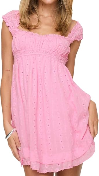Womens Y2K Babydoll Mini Dress Fairy Vintage Sleeveless Square Neck Sweet Short Party Princess Summer Sundress