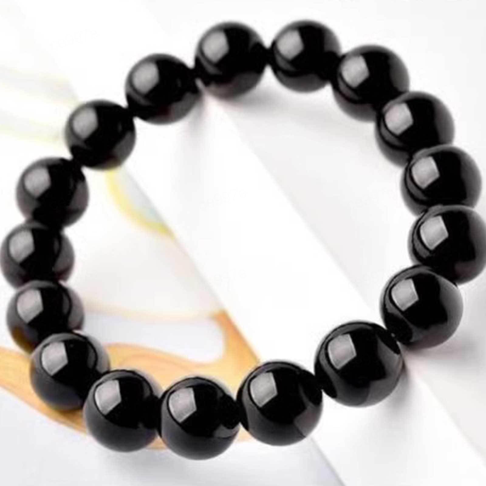 Natürliches Schwarzes Obsidian-Schutzarmband für Damen und Herren – Handgefertigtes Edelsteinarmband - Yoga-Armband - Stretch-Armband mit Runden Steinperlen,16mm