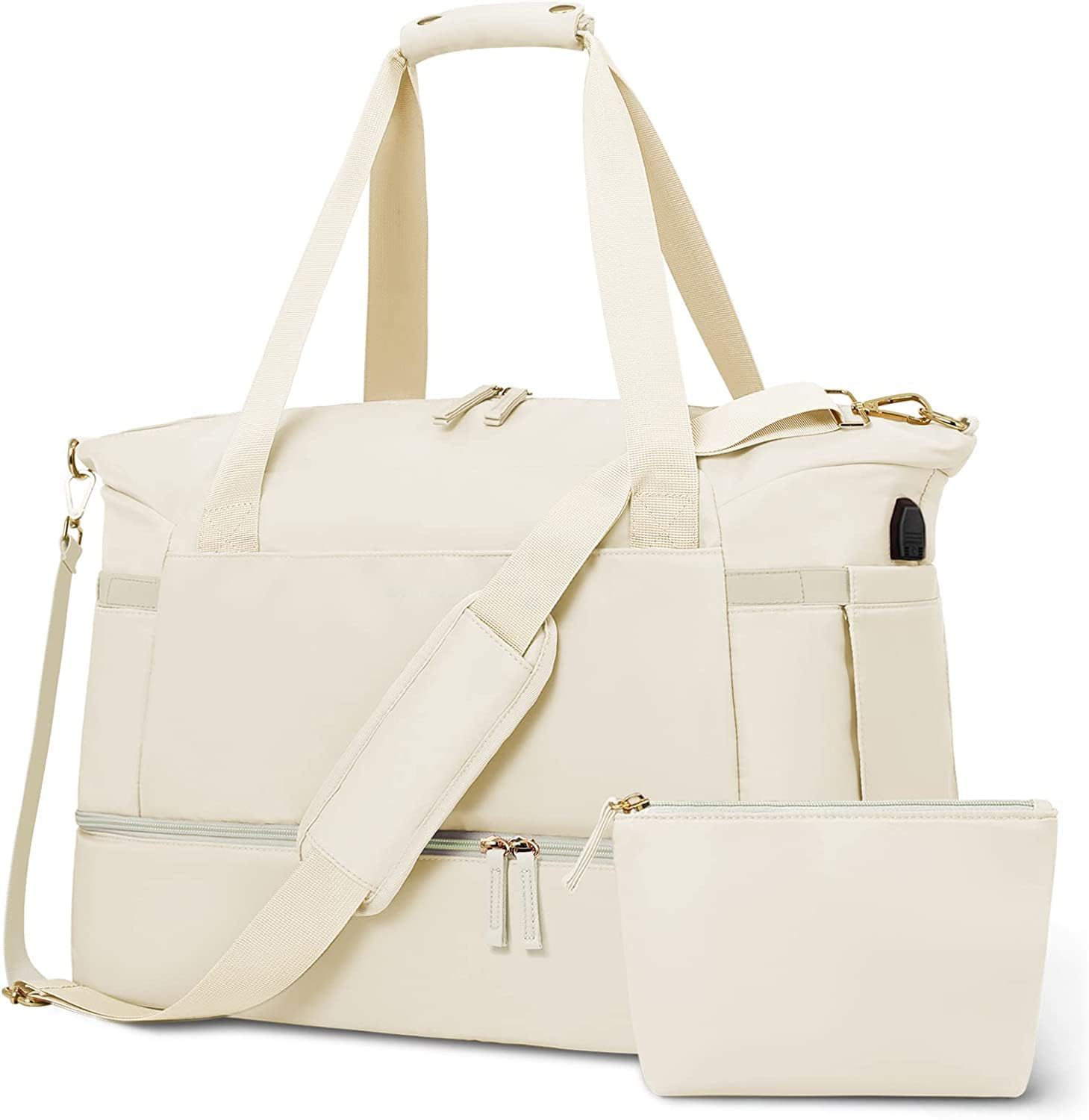 Travel Bags for Women, Sports Travel Duffel Bag with USB Charging Port,Weekender Overnight Bag with Wet Pocket and Shoes Compartment for Men & Women Multipurpose Use for Travel (Cream)-image-9