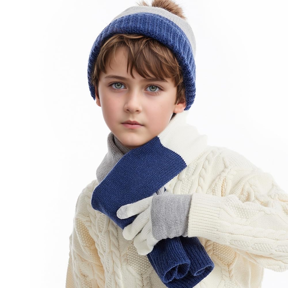 Juego de gorro, bufanda y guantes para niños, con caja de regalo, juego de regalo de invierno para niñas y niños, gorro de punto térmico cálido, forro polar suave, conjunto de invierno para