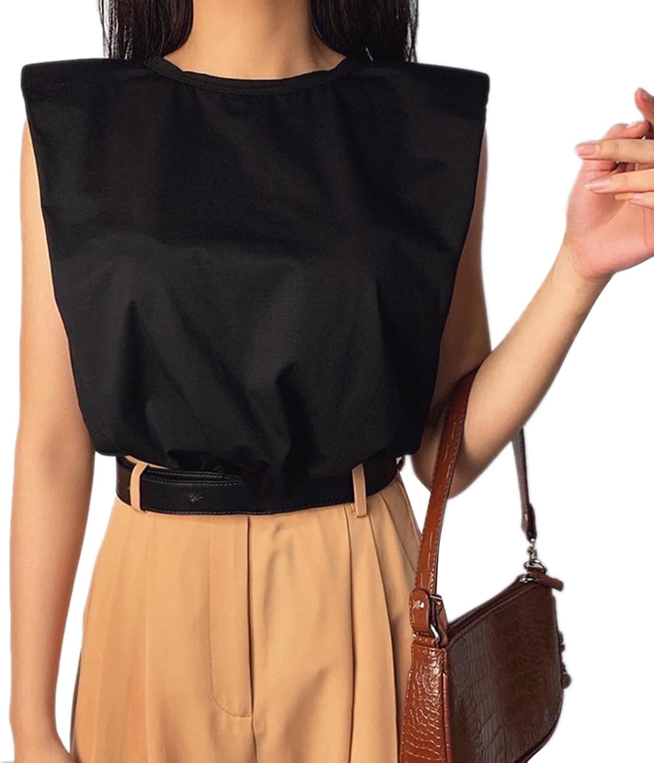 Women's Summer Sleeveless Tank Top Shoulder Pad Shirt Vest Solid Loose Blouse Crew Neck Cami Shoulder Pad T-Shirts - Image 2