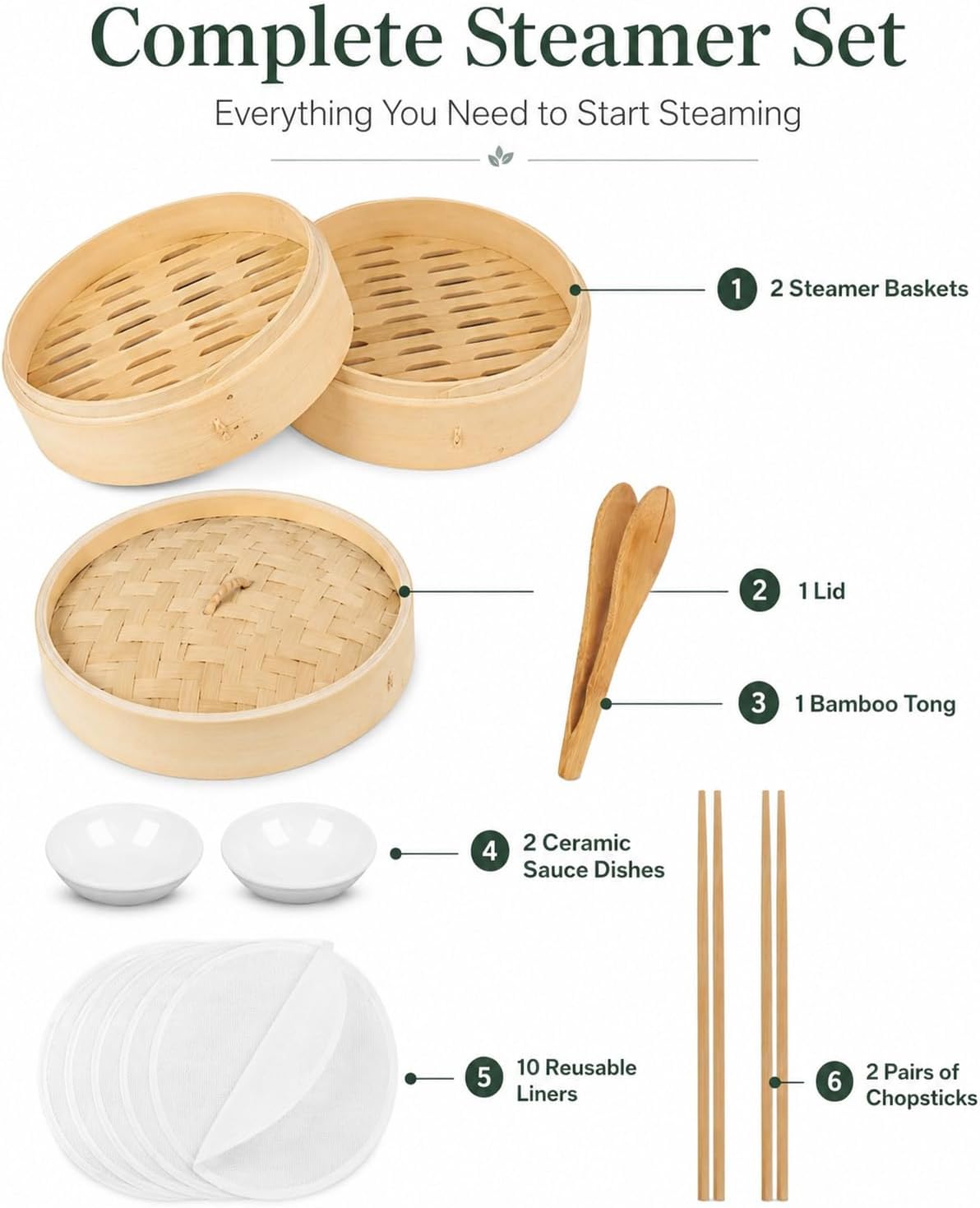 Steamer Basket,8 Inch 2-Tier Bamboo Steamer Basket For Rice,Dumpling,Bao Buns,Dim Sum, Vegetable,Chinese & Asian Food,With 1 Bamboo Clip, 2 Ceramic Sauce Dishes, 10 Perforated Liners And 2 Pairs Of Chopsticks