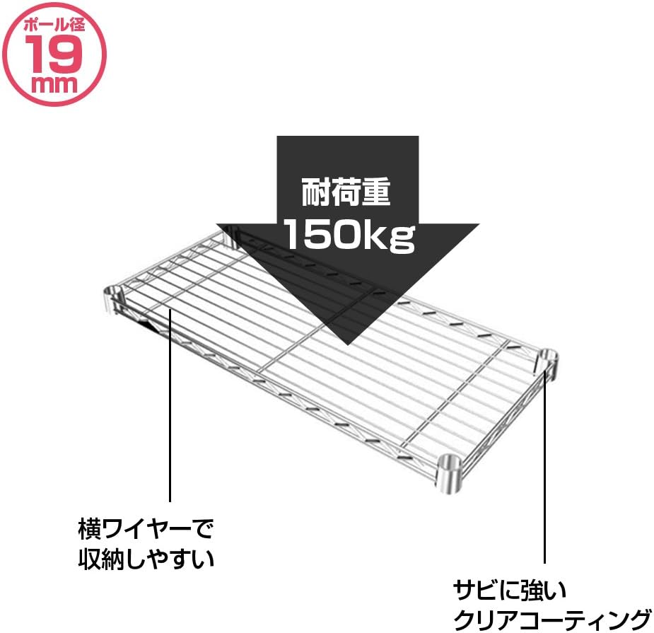 Image showing a Luminous shelf with a 19mm pole diameter and a load capacity of 150kg, highlighting its clear coating for rust resistance.