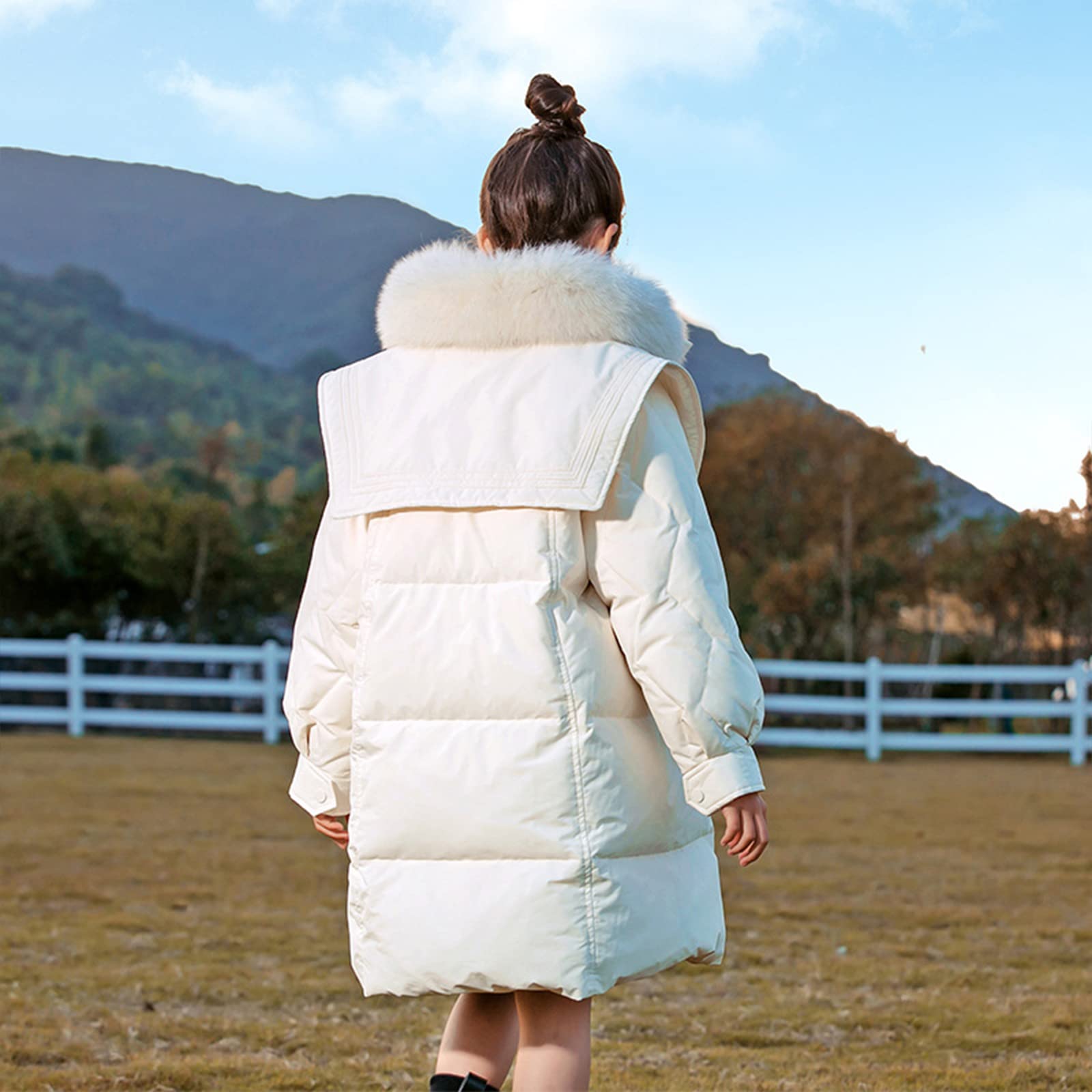 Piumino D'Anatra Bianca da Bambina 90 Piumino Invernale di Media Lunghezza per Bambini Calore Collo di Pelliccia Rimovibile Tessuto Antitrapano,Beige,11(120CM)
