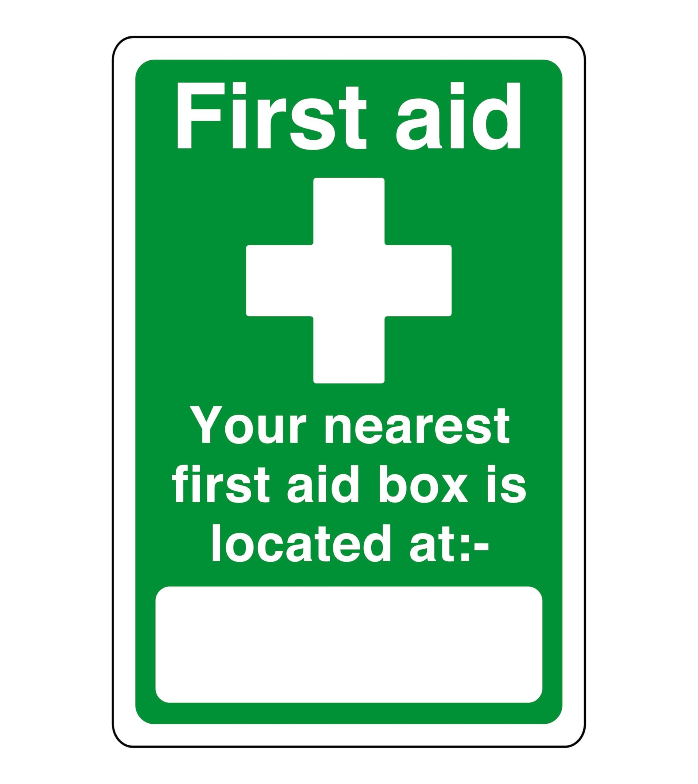 Safety First Display Ltd Green/White First Aid Your Nearest First Aid Box Is Located At - Safety Sign - High Tack Self-Adhesive Sticker (200Mm X 150Mm) Viewing Distance Within 5M.