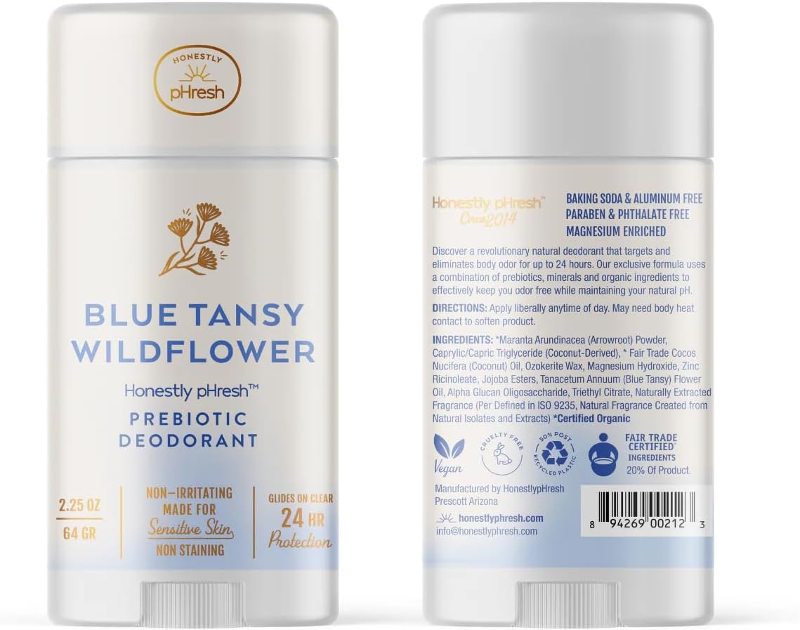 Honestly pHresh Prebiotic Natural Deodorant for Women – Aluminum & Baking Soda Free with 24 Hour Odor Protection. Clean Vegan Deodorant for Sensitive Skin. Made In USA –Blue Tansy Scent, 2.5 oz