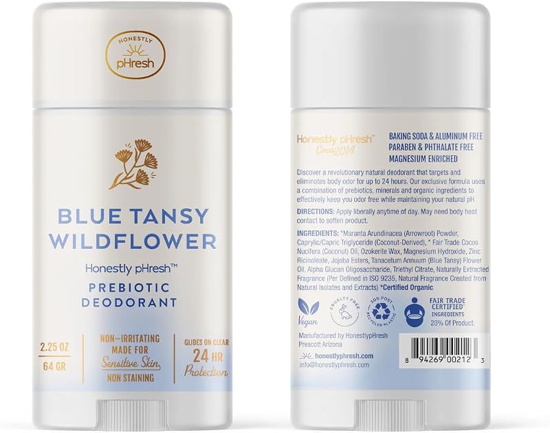 Desodorante natural Honestly pHresh com fragrância Blue Tansy, sem alumínio e bicarbonato, 110 g