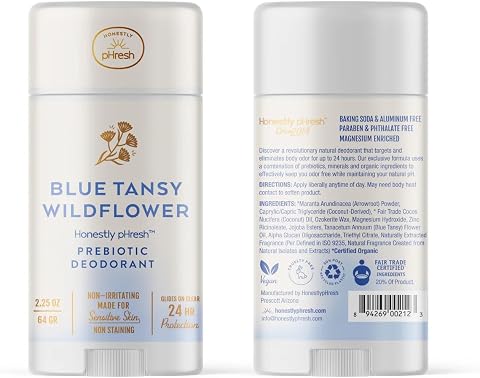 Honestly pHresh Prebiotic Natural Deodorant for Women – Aluminum & Baking Soda Free with 24 Hour Odor Protection. Clean Vegan Deodorant for Sensitive Skin. Made In USA –Blue Tansy Scent, 2.5 oz