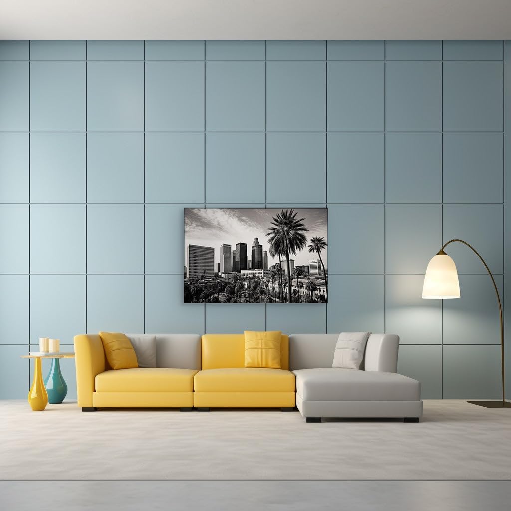 Canvas for Living room. Palm Trees and Skyscrapers: A Monochromatic Vision of Los Angeles Skyline, 27 x 18 inch Canvas Wall Art - Ready to Hang