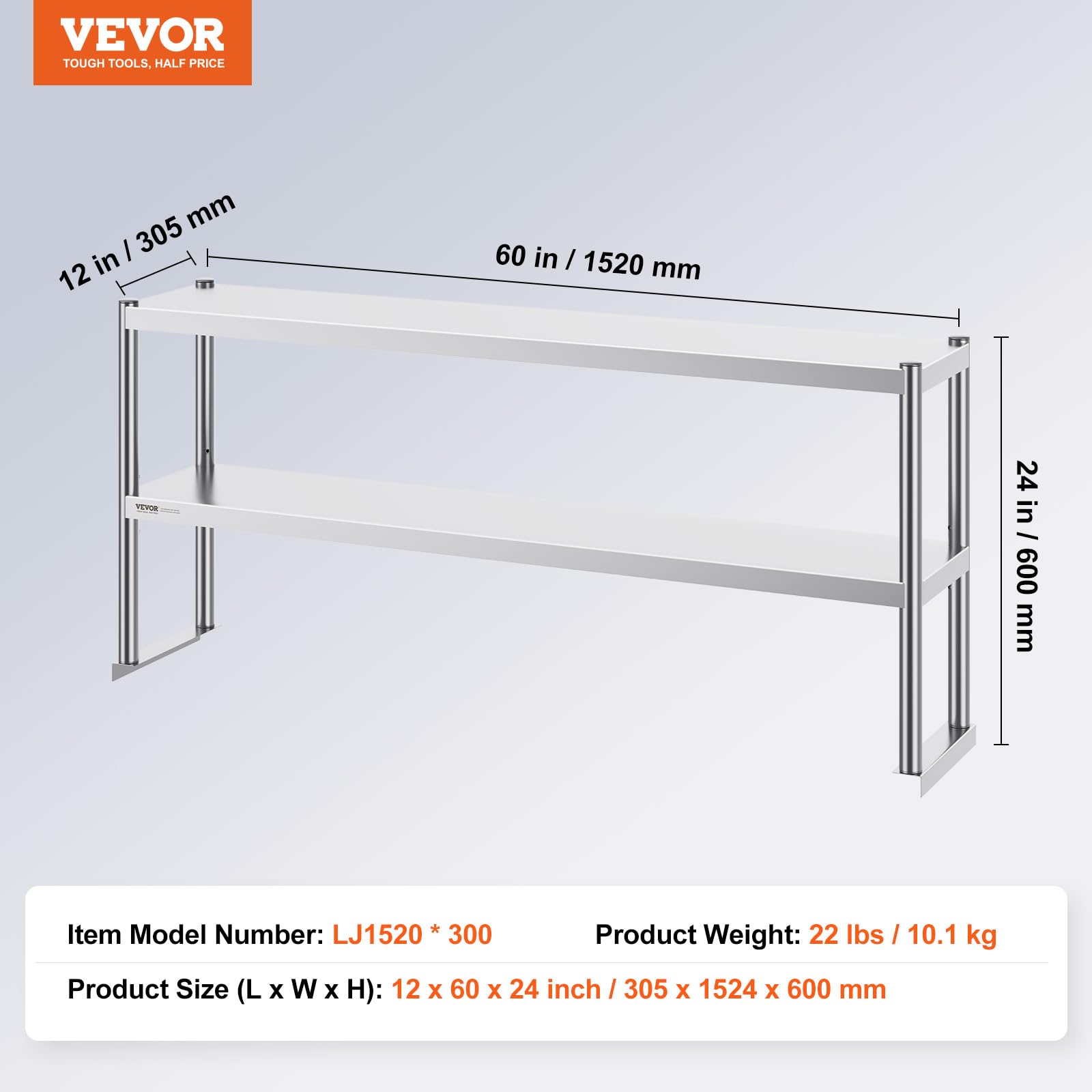 VEVOR Estante Superior de Doble Nivel de Acero Inoxidable 305x1524x600 mm Mesa de Preparación de Estante Ajustable en Altura para Cocina, Restaurante, Taller